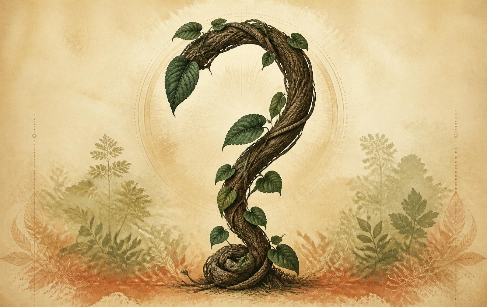 An ayahuasca vine forming a question mark against a warm cream background