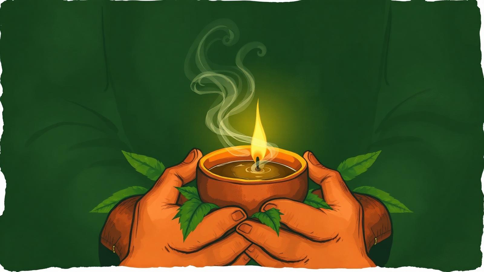 An elder's hands cradling a small clay cup of ayahuasca brew