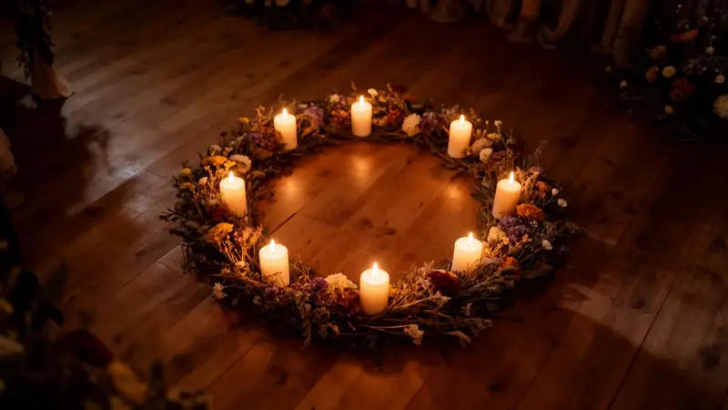 Circle of candles and dried flowers on wooden floor