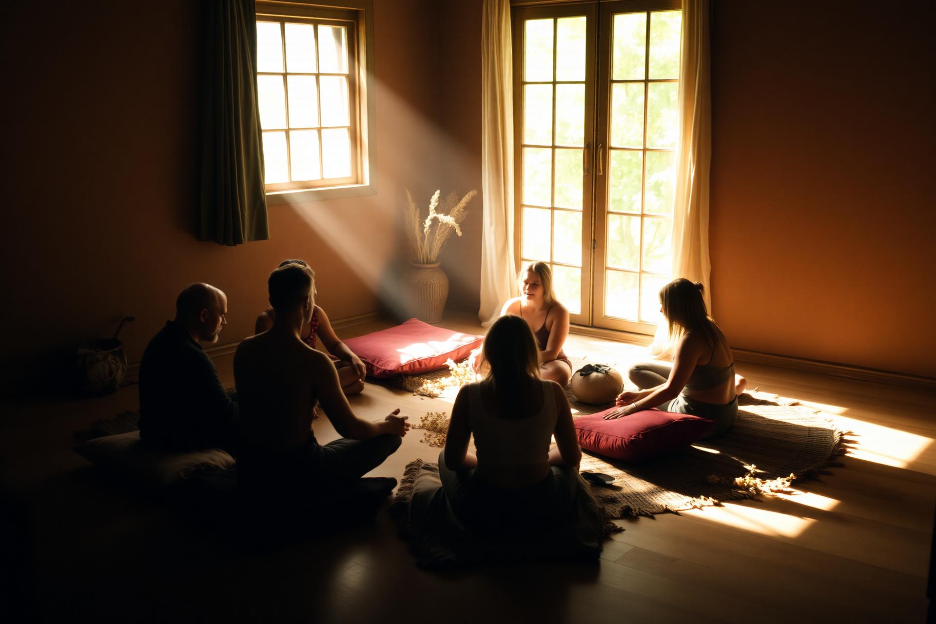 A small group sitting together in a circle on cushions in warm, softly lit room