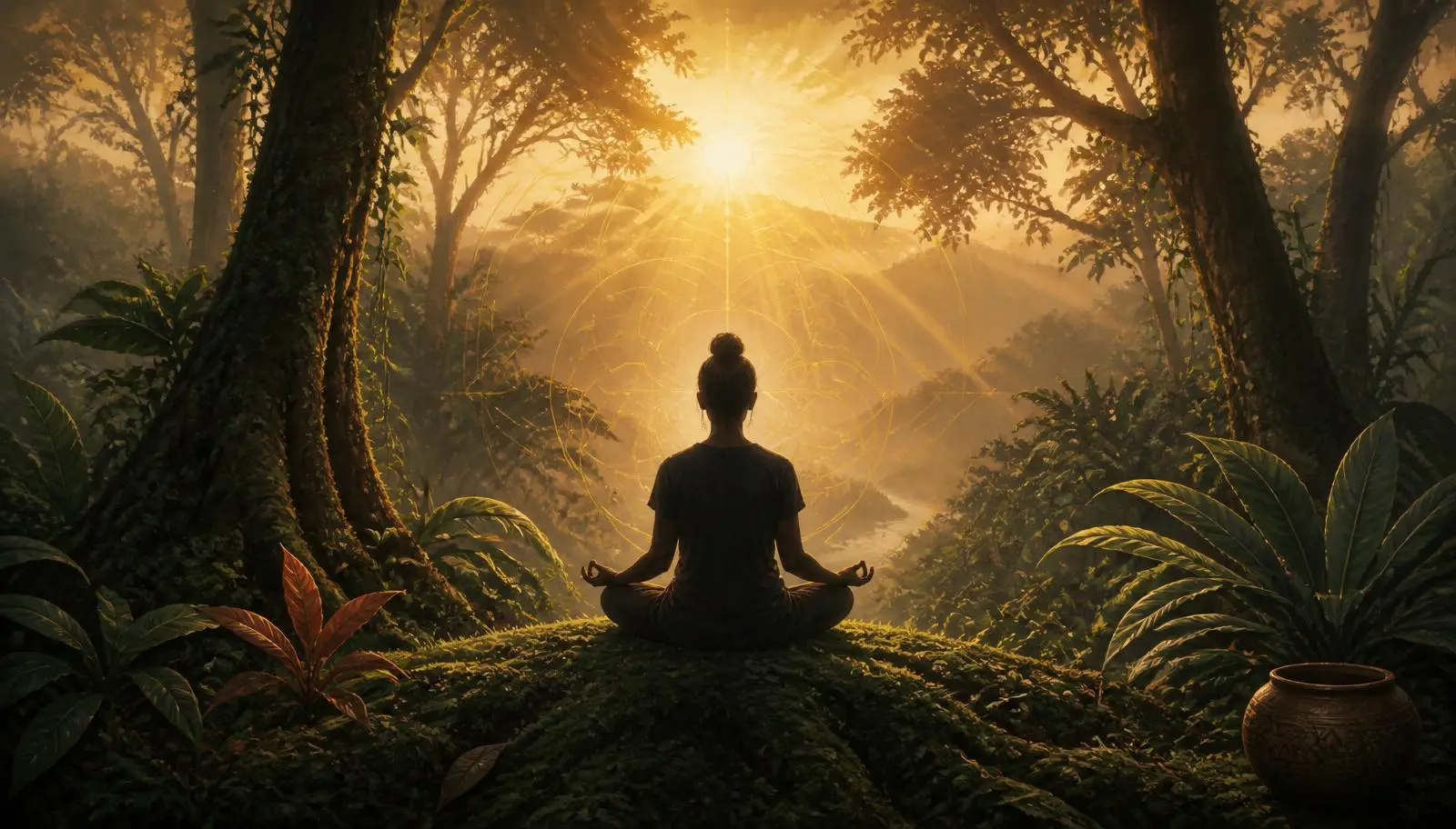 Silhouetted figure meditating in an Amazonian forest at dawn — a symbol of ayahuasca integration