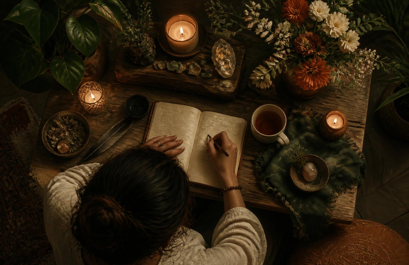 Journaling by candlelight at a wooden altar with plants, tea and flowers — a daily integration practice