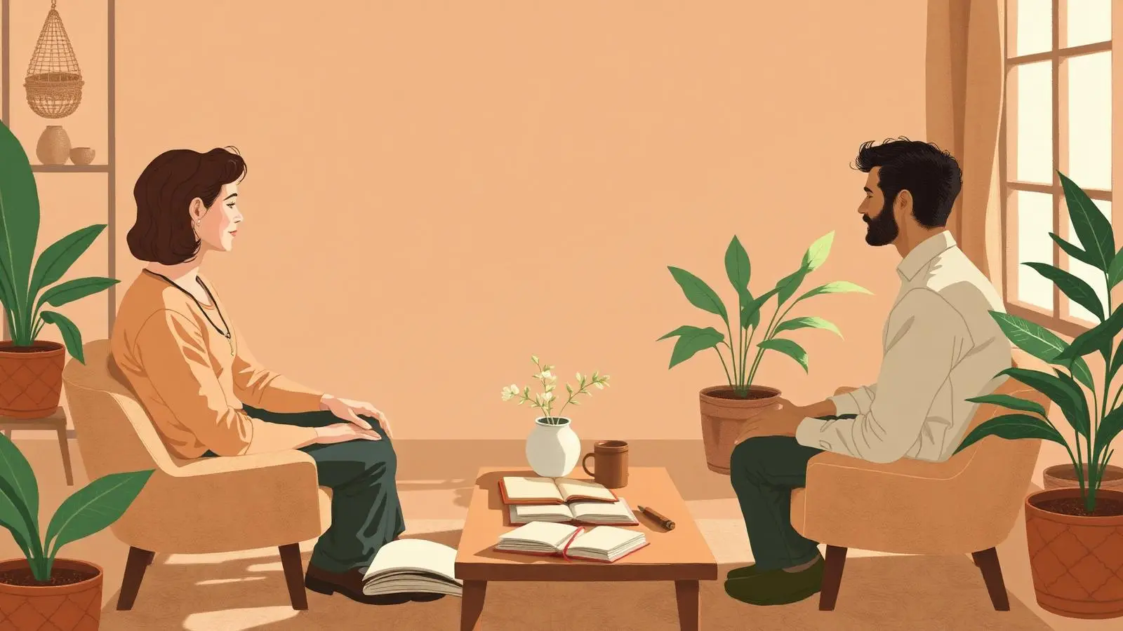 Two people in an integration coaching session in a sunlit room