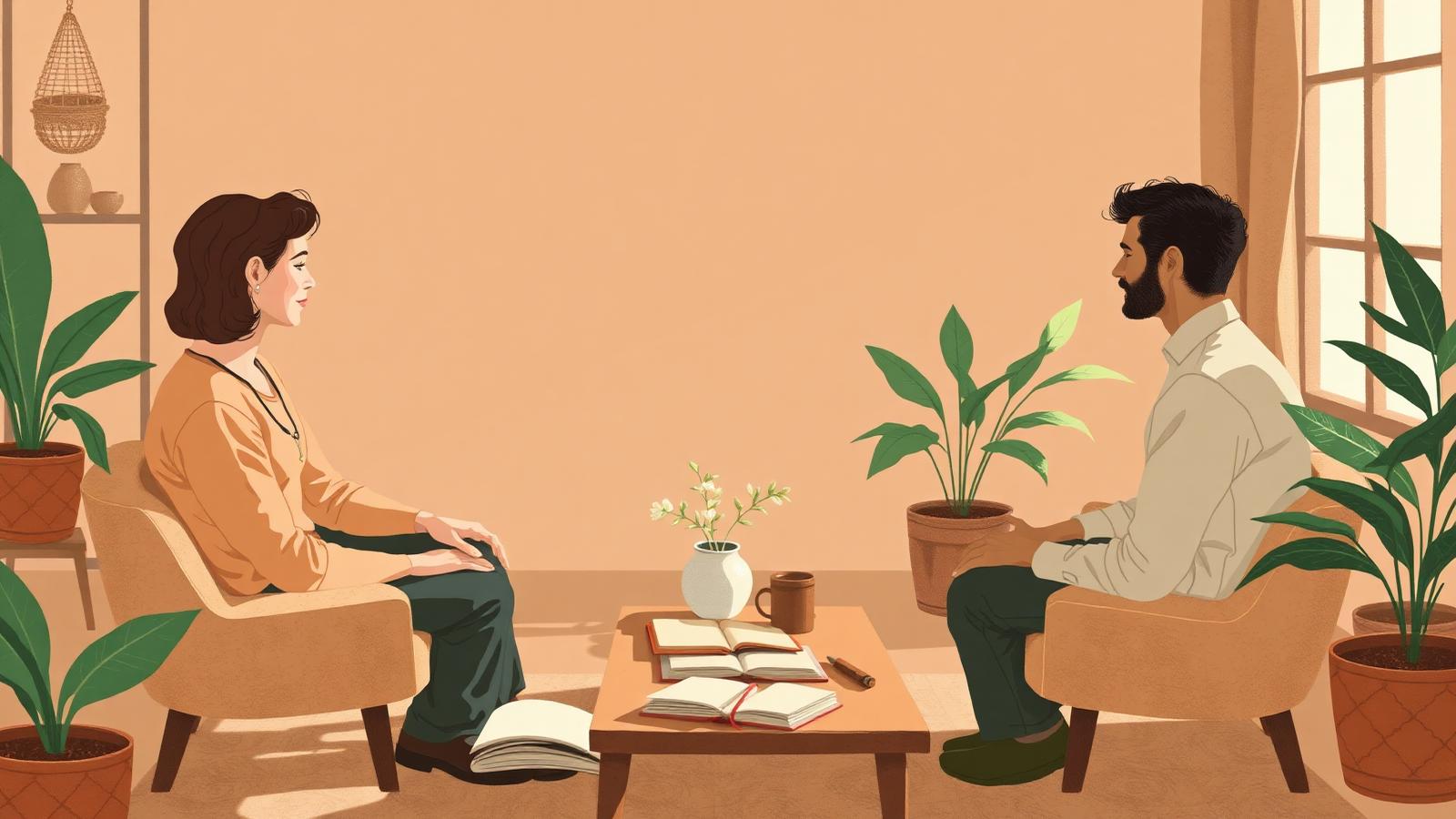 Two people in an integration coaching session in a sunlit room
