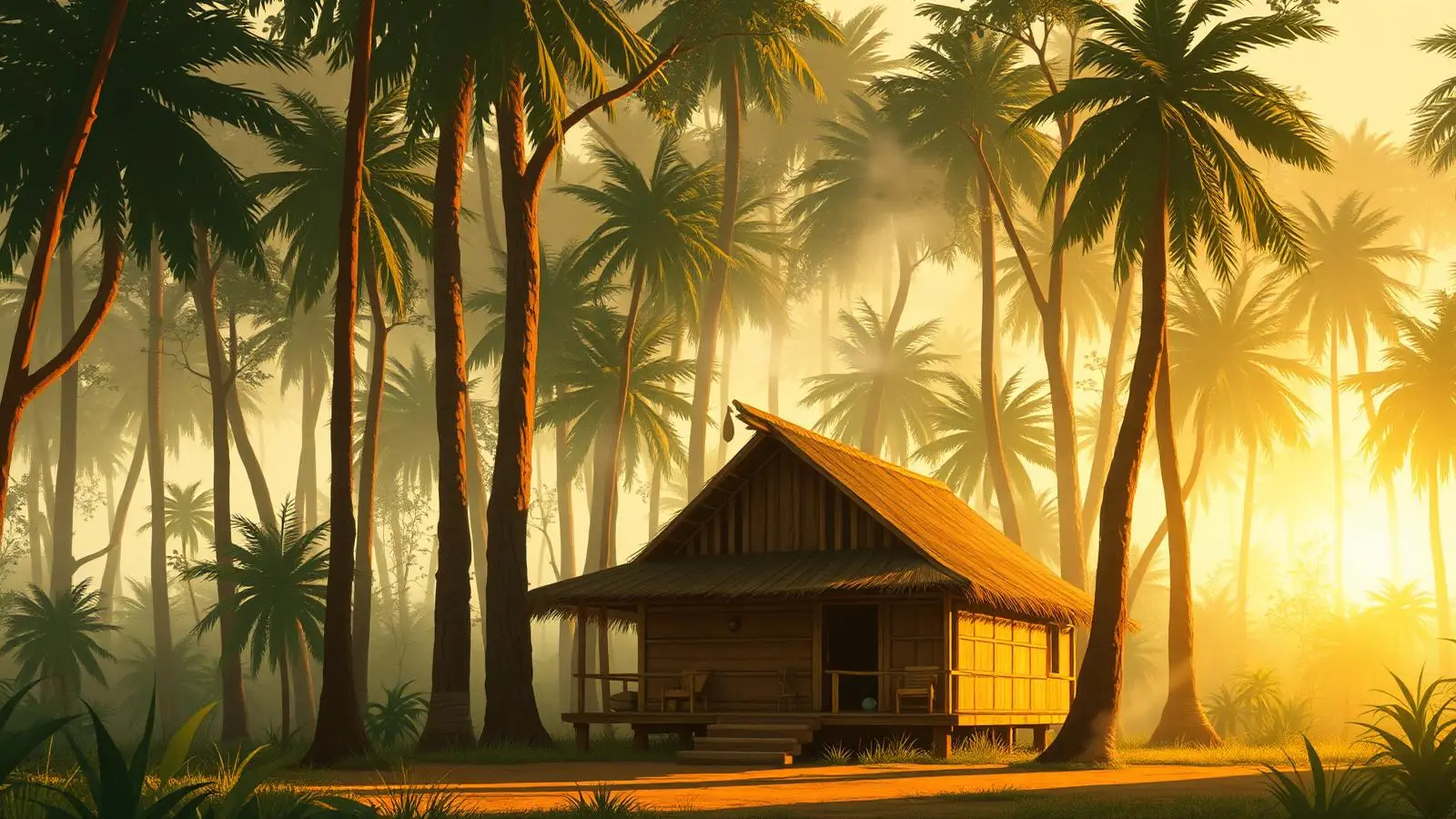 A wooden maloca ceremonial house in an Amazonian forest at dawn